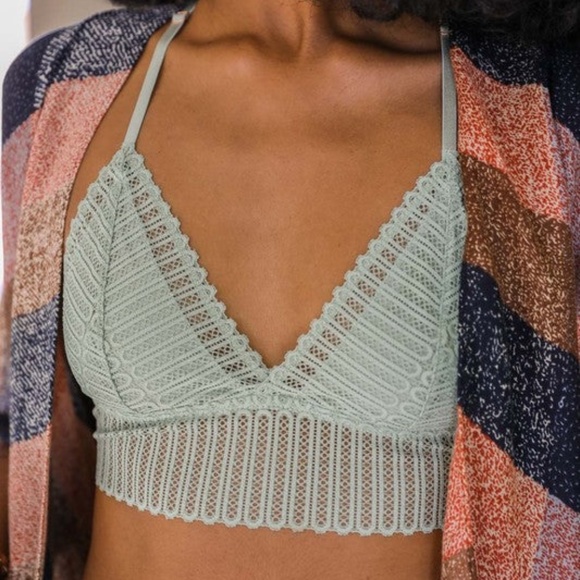 SOLD OUT Sage Ribbed Lace Boho Racerback Triangle Bralette Womens - Picture 2 of 4